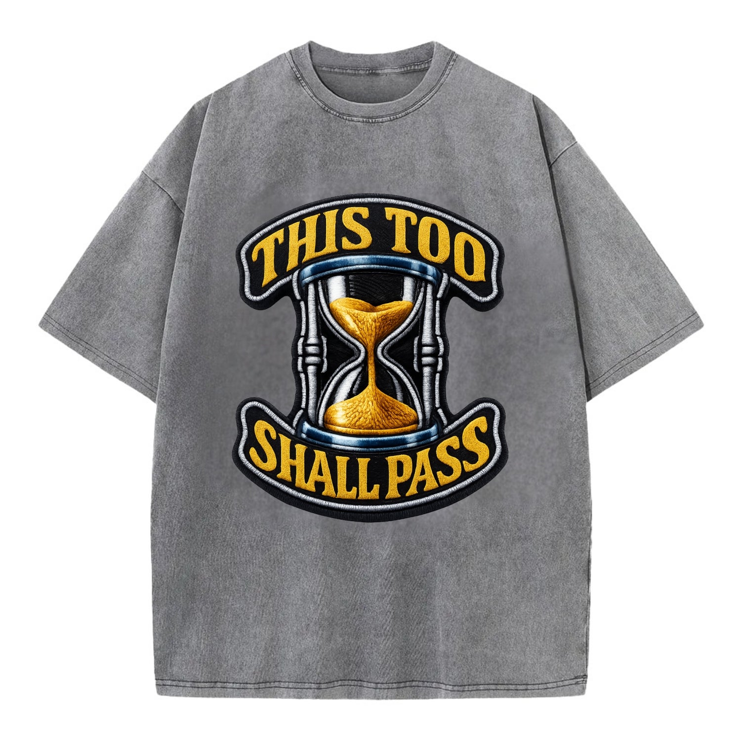 THIS TOO SHALL PASS - hourglass with text in gold , perspective - Vintage T-shirt - Grey