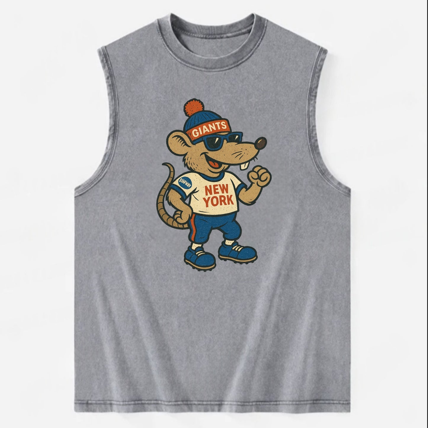 New York Rat wearing Giants beanie with subway patch and wayfarer sunglasses - Vintage Washed Tank - Grey