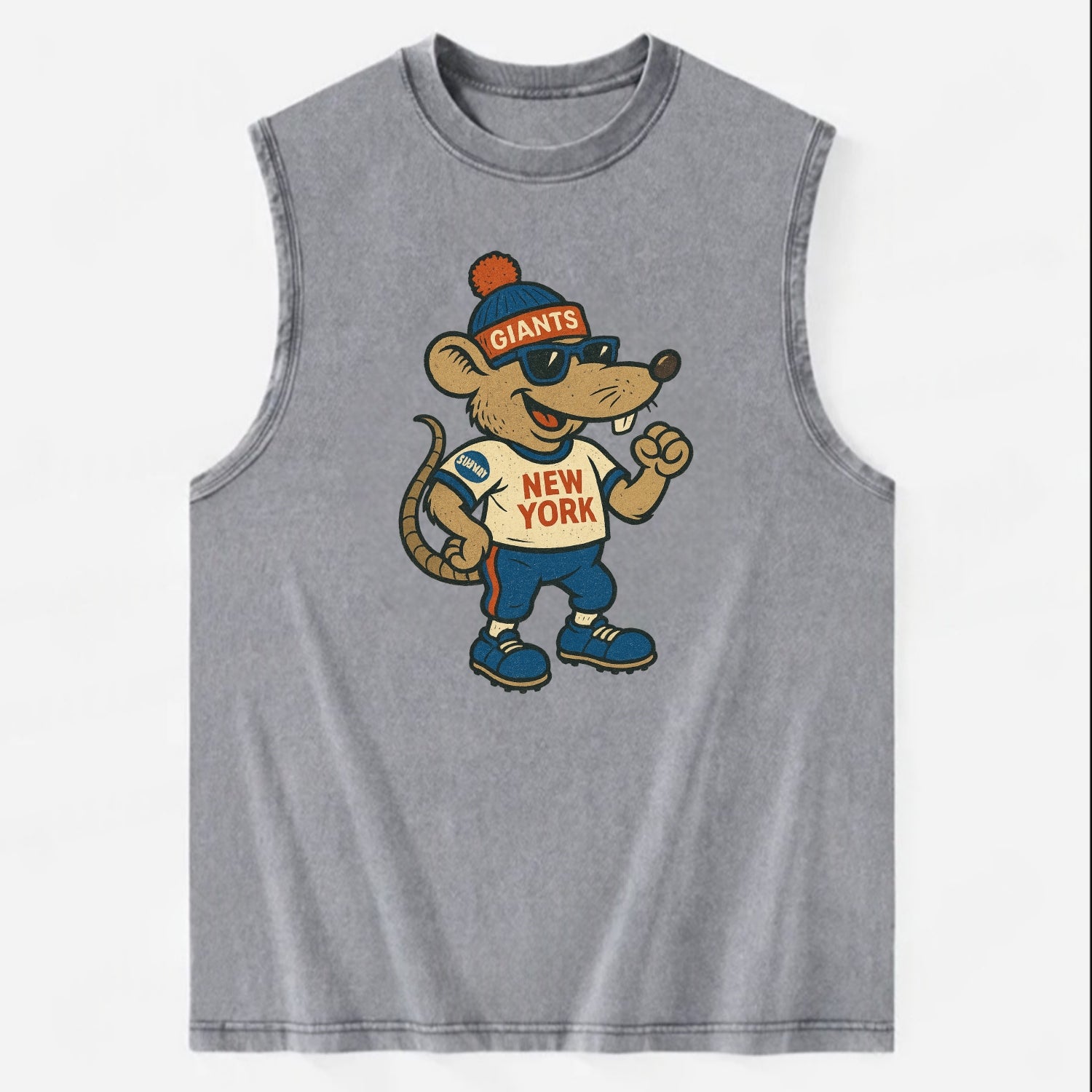 New York Rat wearing Giants beanie with subway patch and wayfarer sunglasses - Vintage Washed Tank - Grey