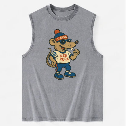 New York Rat wearing Giants beanie with subway patch and wayfarer sunglasses - Vintage Washed Tank - Grey