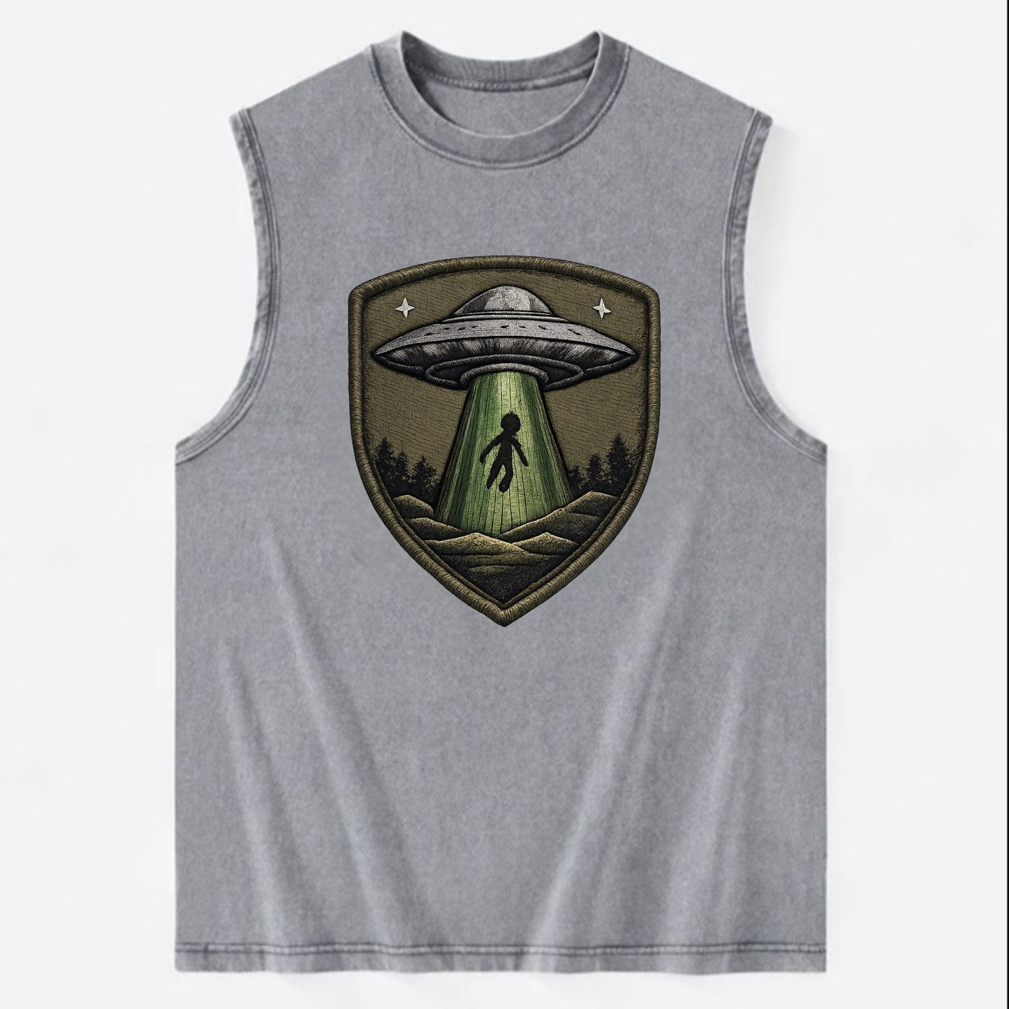 UFO ALIEN - flying saucer with beam in silver and green , extraterrestrial - Vintage Washed Tank - Grey