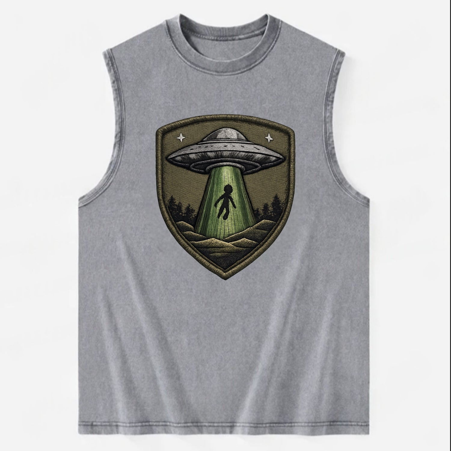 UFO ALIEN - flying saucer with beam in silver and green , extraterrestrial - Vintage Washed Tank - Grey