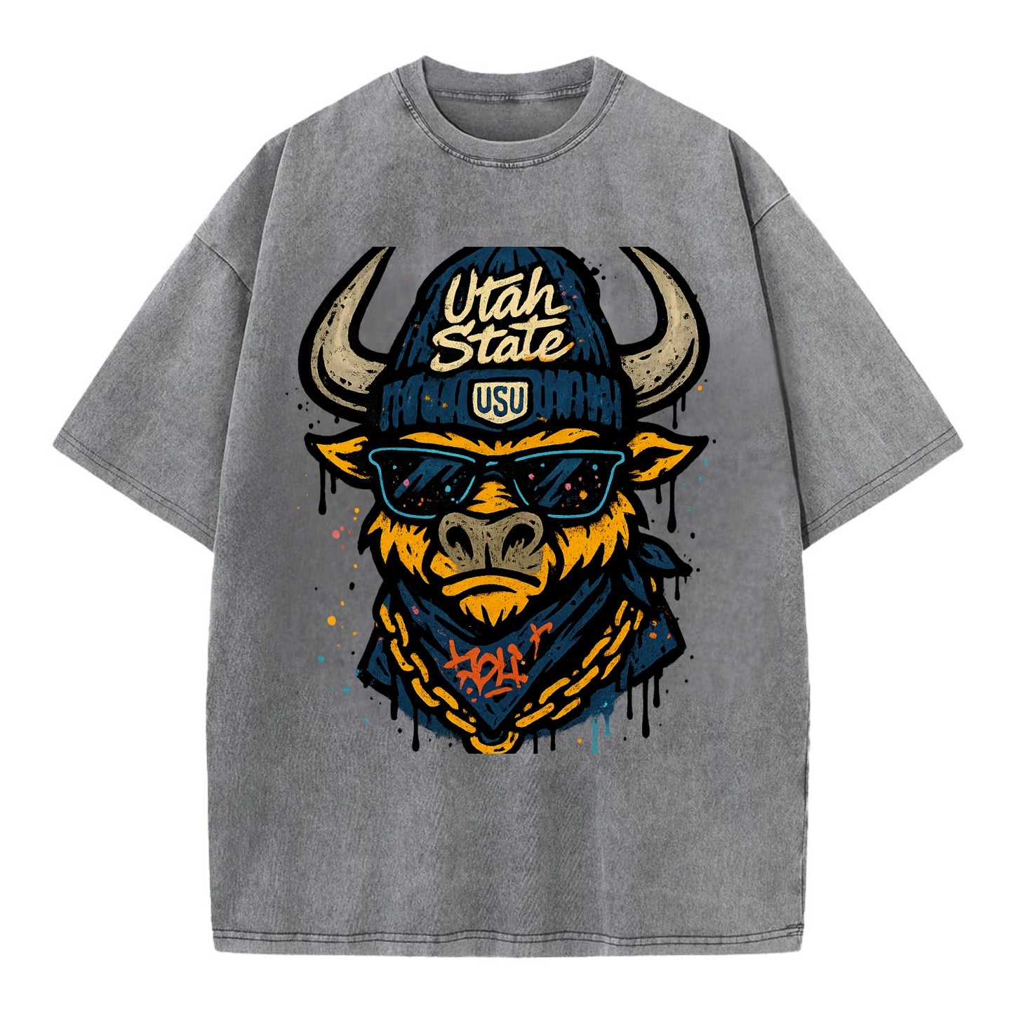 Logan Aggie wearing Utah State beanie with USU patch - Vintage T-shirt - Grey