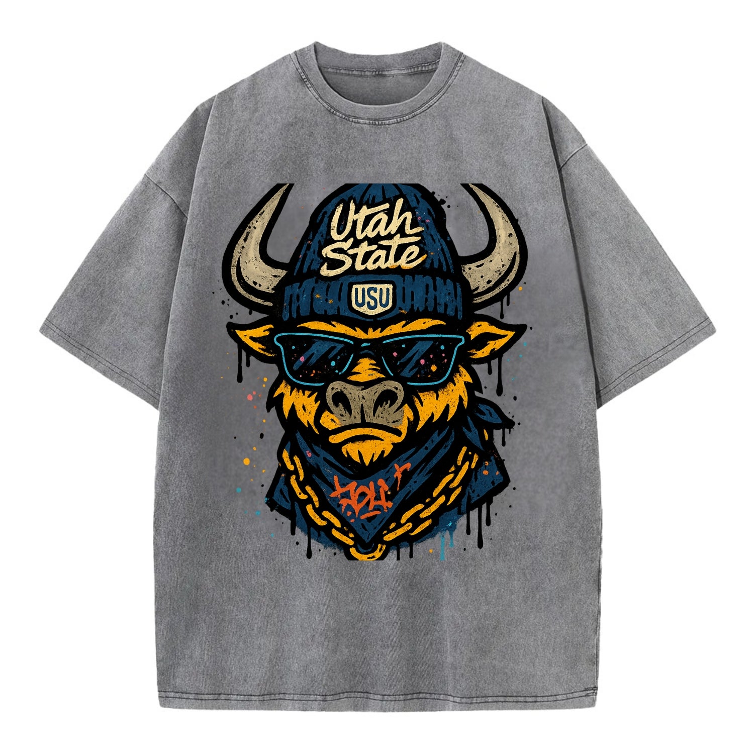Logan Aggie wearing Utah State beanie with USU patch - Vintage T-shirt - Grey