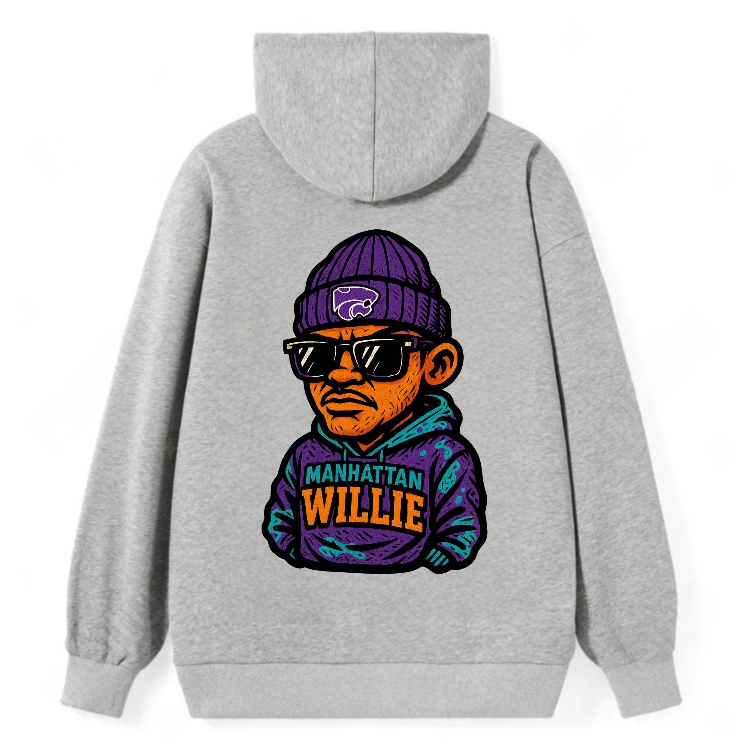 Manhattan Willie wearing Kansas State beanie with powercat patch - Classic Pullover Hoodie - Grey