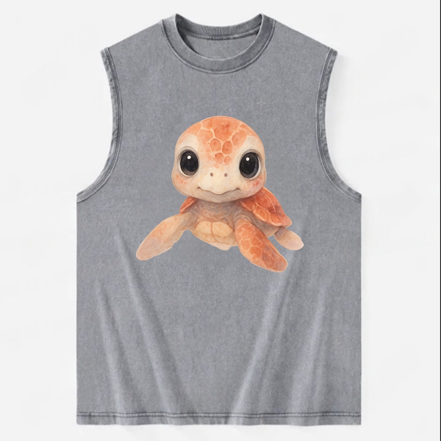 Baby Loggerhead Turtle - reddish-brown shell, big round dark eyes, chunky - Vintage Washed Tank - Grey