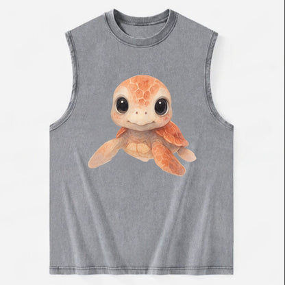 Baby Loggerhead Turtle - reddish-brown shell, big round dark eyes, chunky - Vintage Washed Tank - Grey