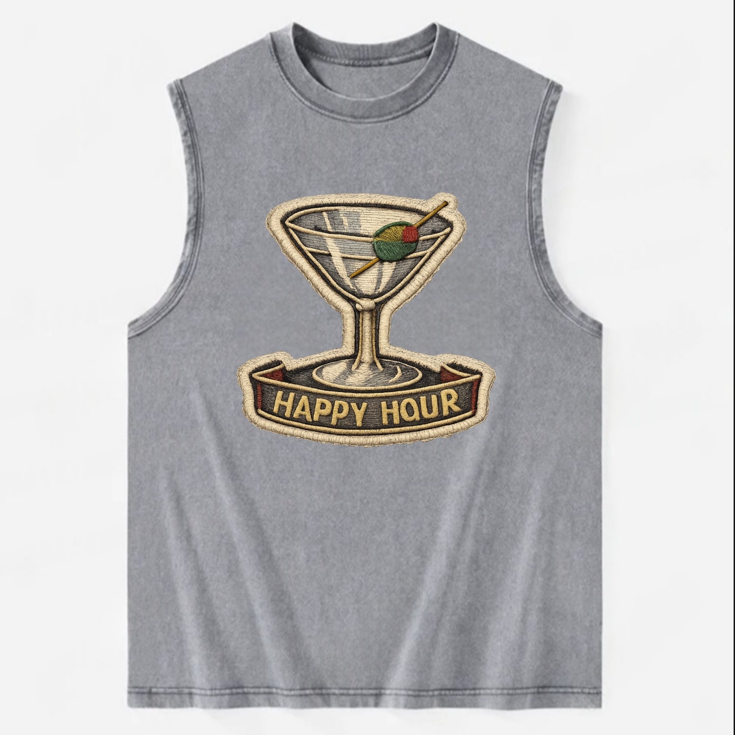 COCKTAIL MARTINI - martini glass with olive in silver and green , happy hour - Vintage Washed Tank - Grey