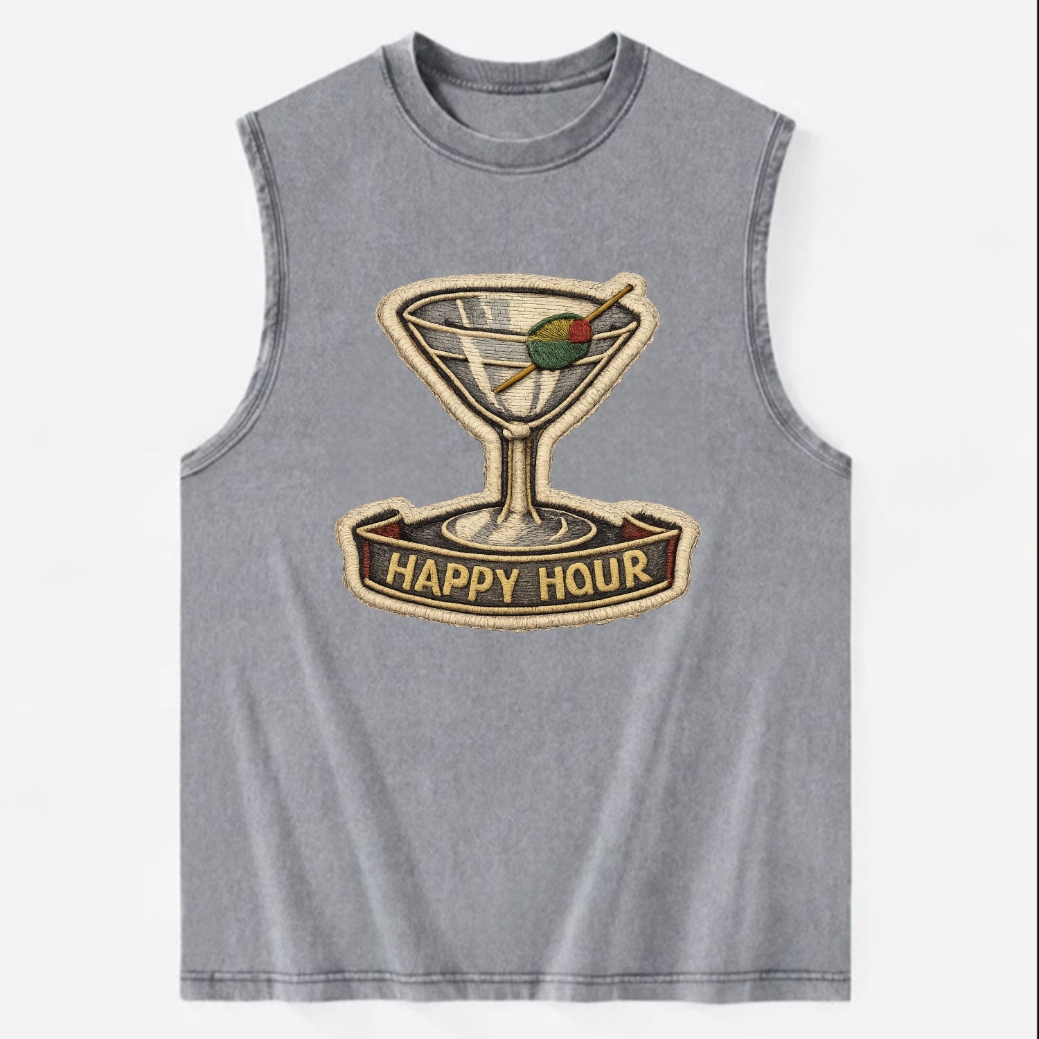 COCKTAIL MARTINI - martini glass with olive in silver and green , happy hour - Vintage Washed Tank - Grey