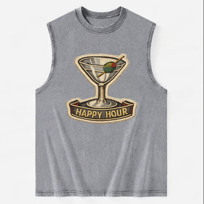 COCKTAIL MARTINI - martini glass with olive in silver and green , happy hour - Vintage Washed Tank - Grey