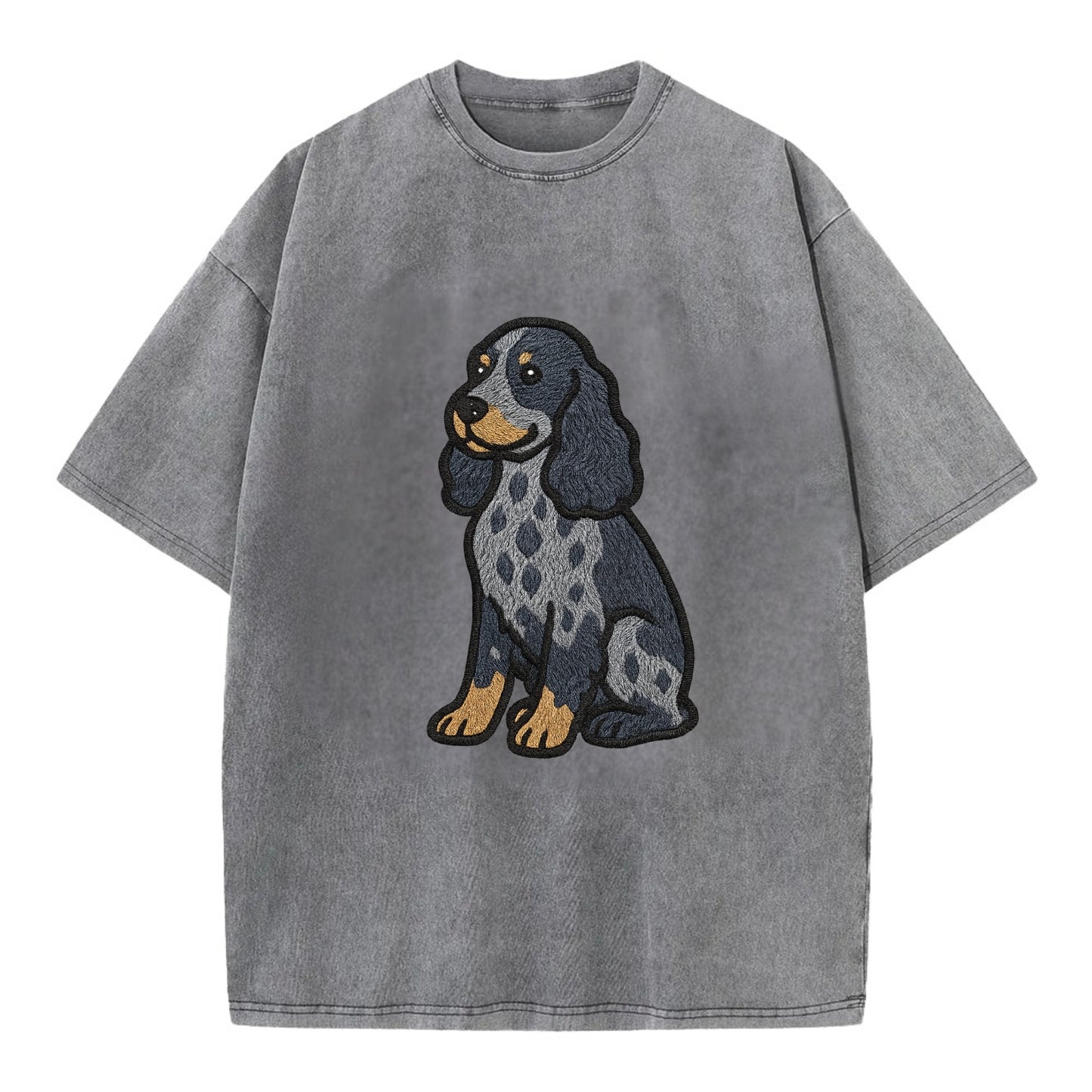 English Cocker Spaniel - Blue roan embroidered sitting pose - Vintage T-shirt - Grey