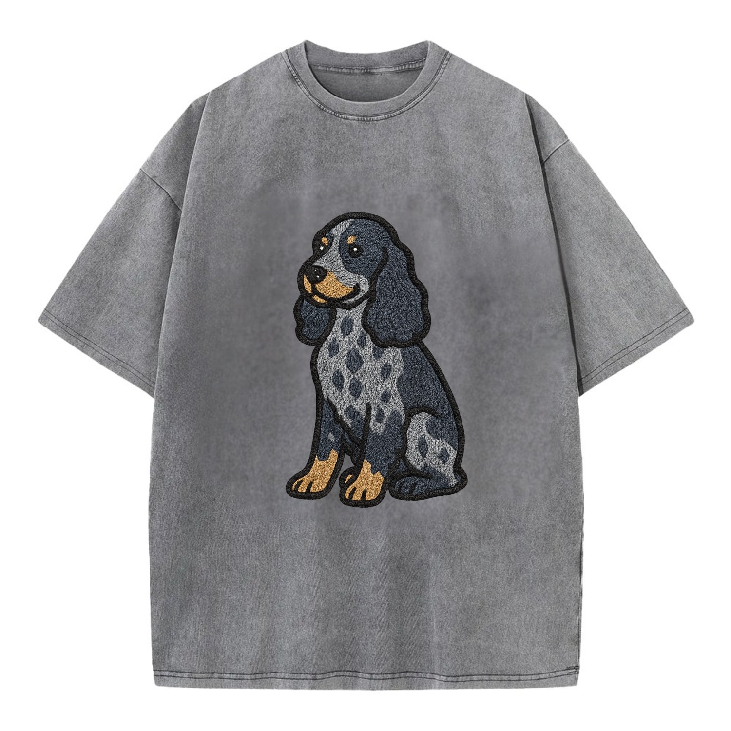 English Cocker Spaniel - Blue roan embroidered sitting pose - Vintage T-shirt - Grey
