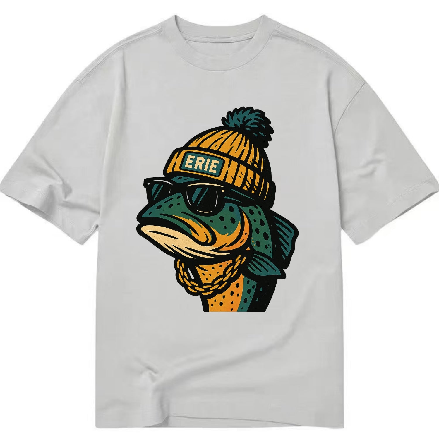 Erie Lake Trout wearing Erie beanie with pom pom and wayfarer sunglasses - Classic T-shirt - Grey