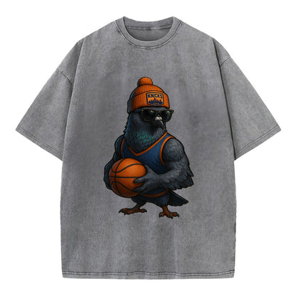 Manhattan Pigeon wearing Knicks beanie with skyline patch and wayfarer sunglasses - Vintage T-shirt - Grey