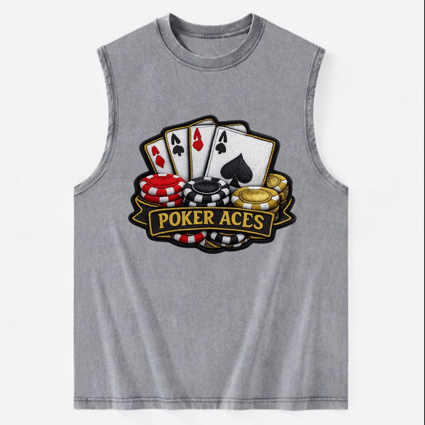 Embroidered patch design - POKER ACES - four aces with chips in red, black - Vintage Washed Tank - Grey