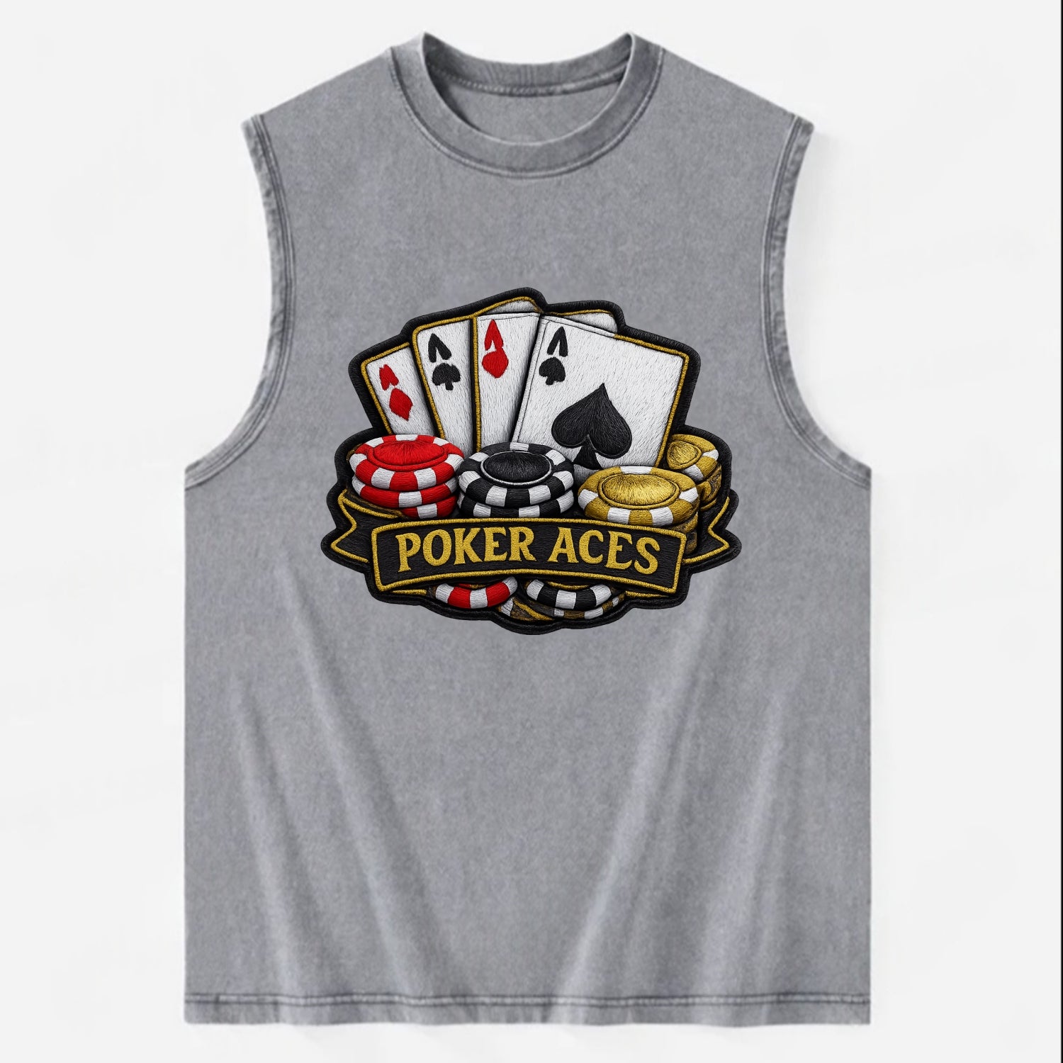 Embroidered patch design - POKER ACES - four aces with chips in red, black - Vintage Washed Tank - Grey