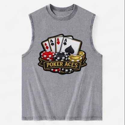 Embroidered patch design - POKER ACES - four aces with chips in red, black - Vintage Washed Tank - Grey