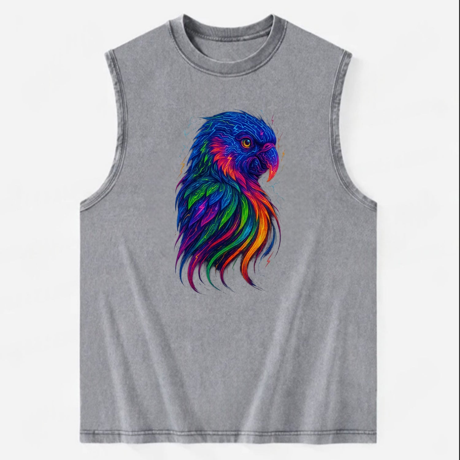Vibrant parrot with feathers flowing into tropical rainbow streams, every - Vintage Washed Tank - Grey