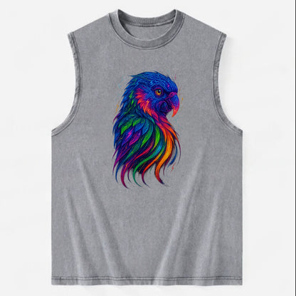 Vibrant parrot with feathers flowing into tropical rainbow streams, every - Vintage Washed Tank - Grey