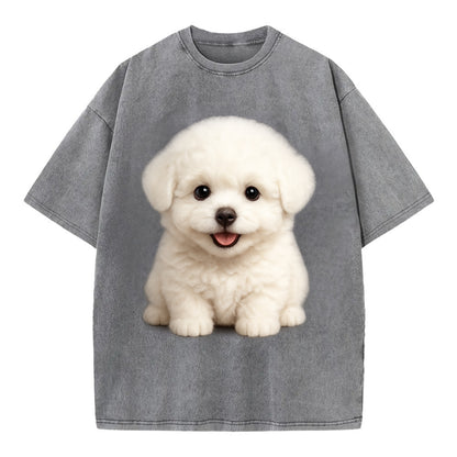 Baby Bichon Frise Puppy - white puffy cloud, dark eyes, happy expression, - Vintage T-shirt - Grey