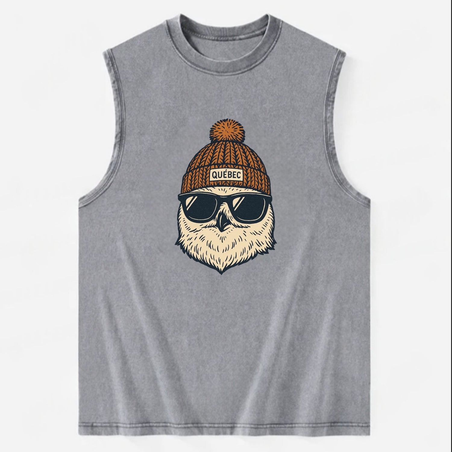 Quebec City Snowy Owl wearing Quebec beanie with pom pom and wayfarer - Vintage Washed Tank - Grey
