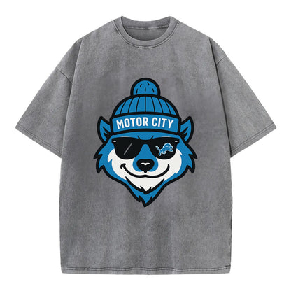 Motor City Wolverine wearing Lions beanie with gear patch and wayfarer sunglasses - Vintage T-shirt - Grey