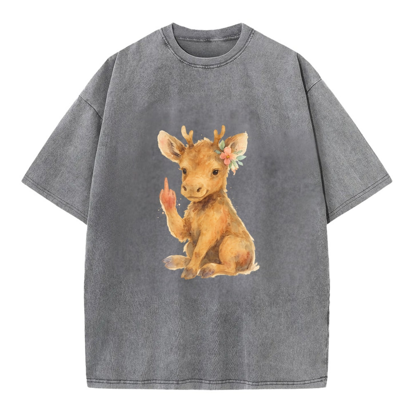 baby moose with adorable tiny antlers, one hoof raised in attitude - Vintage T-shirt - Grey