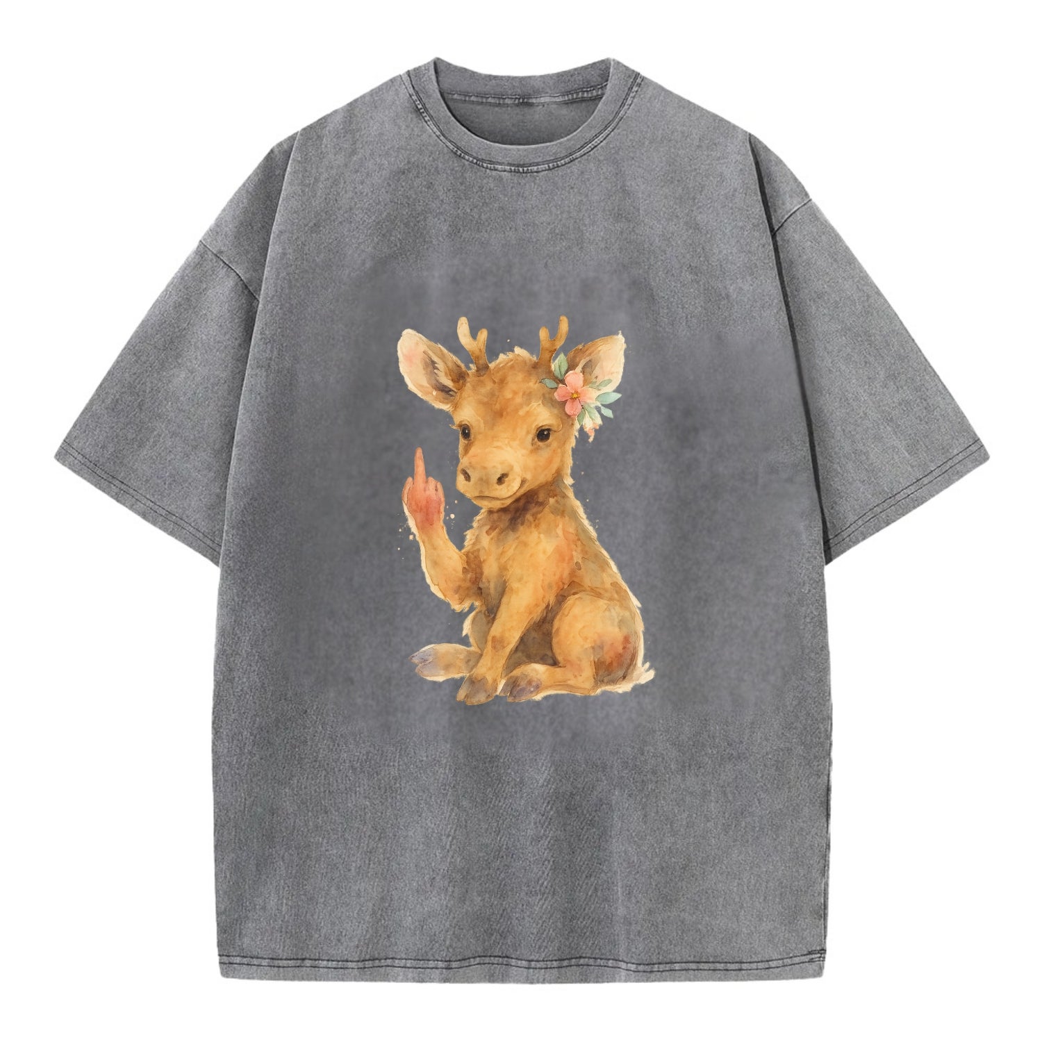 baby moose with adorable tiny antlers, one hoof raised in attitude - Vintage T-shirt - Grey
