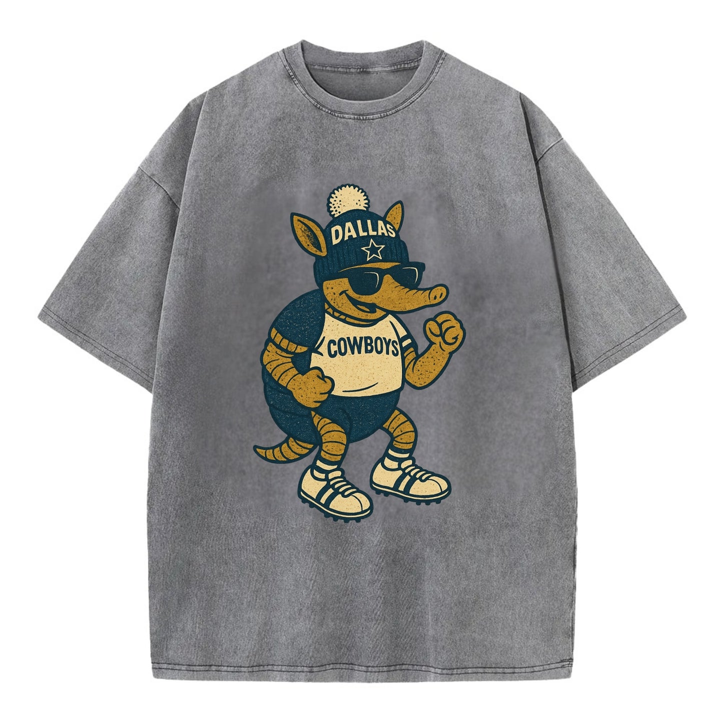 Dallas Armadillo wearing Cowboys beanie with lone star patch and wayfarer - Vintage T-shirt - Grey