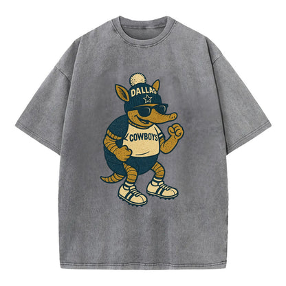 Dallas Armadillo wearing Cowboys beanie with lone star patch and wayfarer - Vintage T-shirt - Grey