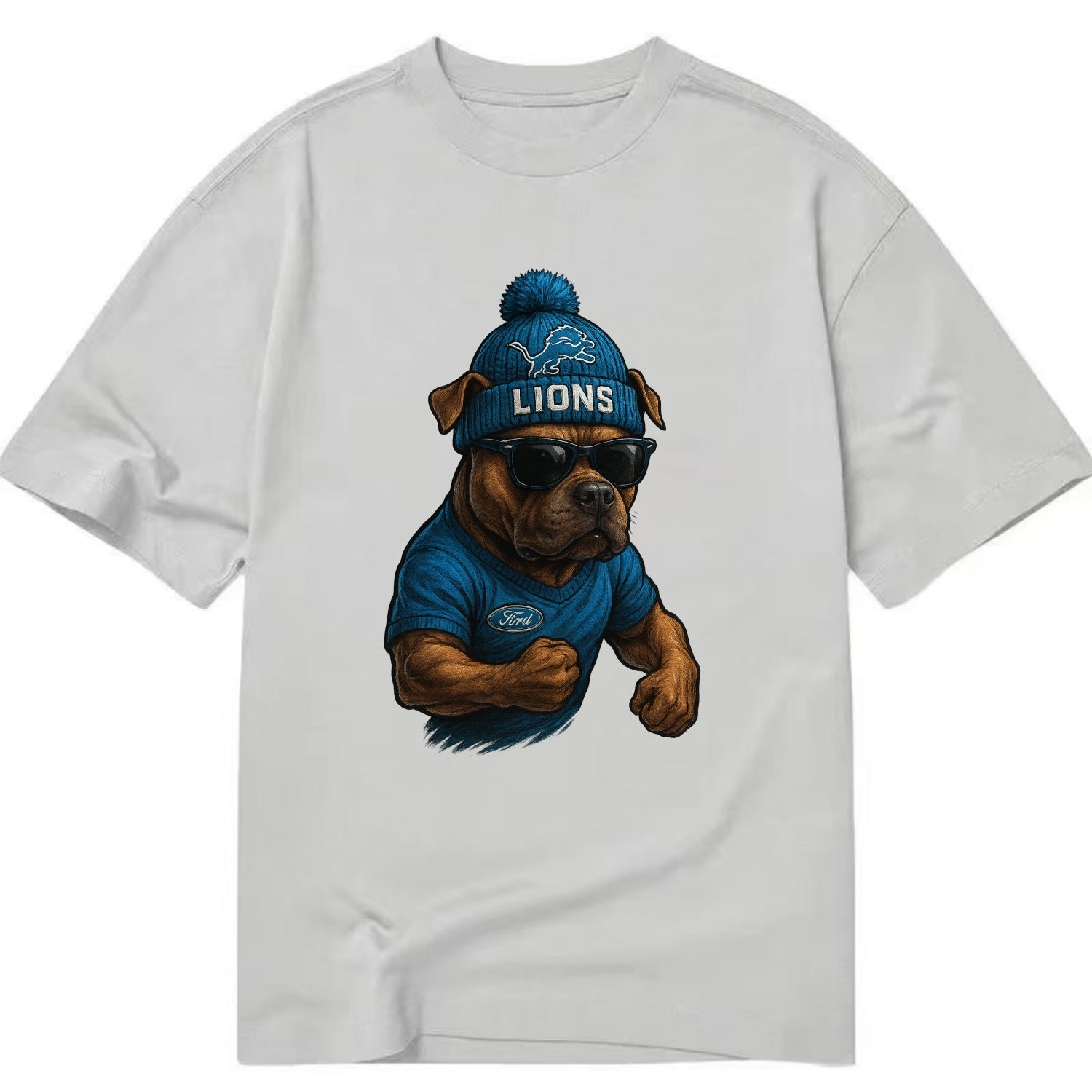 Detroit Pitbull wearing Lions beanie with auto patch and wayfarer sunglasses - Classic T-shirt - Grey
