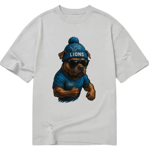 Detroit Pitbull wearing Lions beanie with auto patch and wayfarer sunglasses - Classic T-shirt