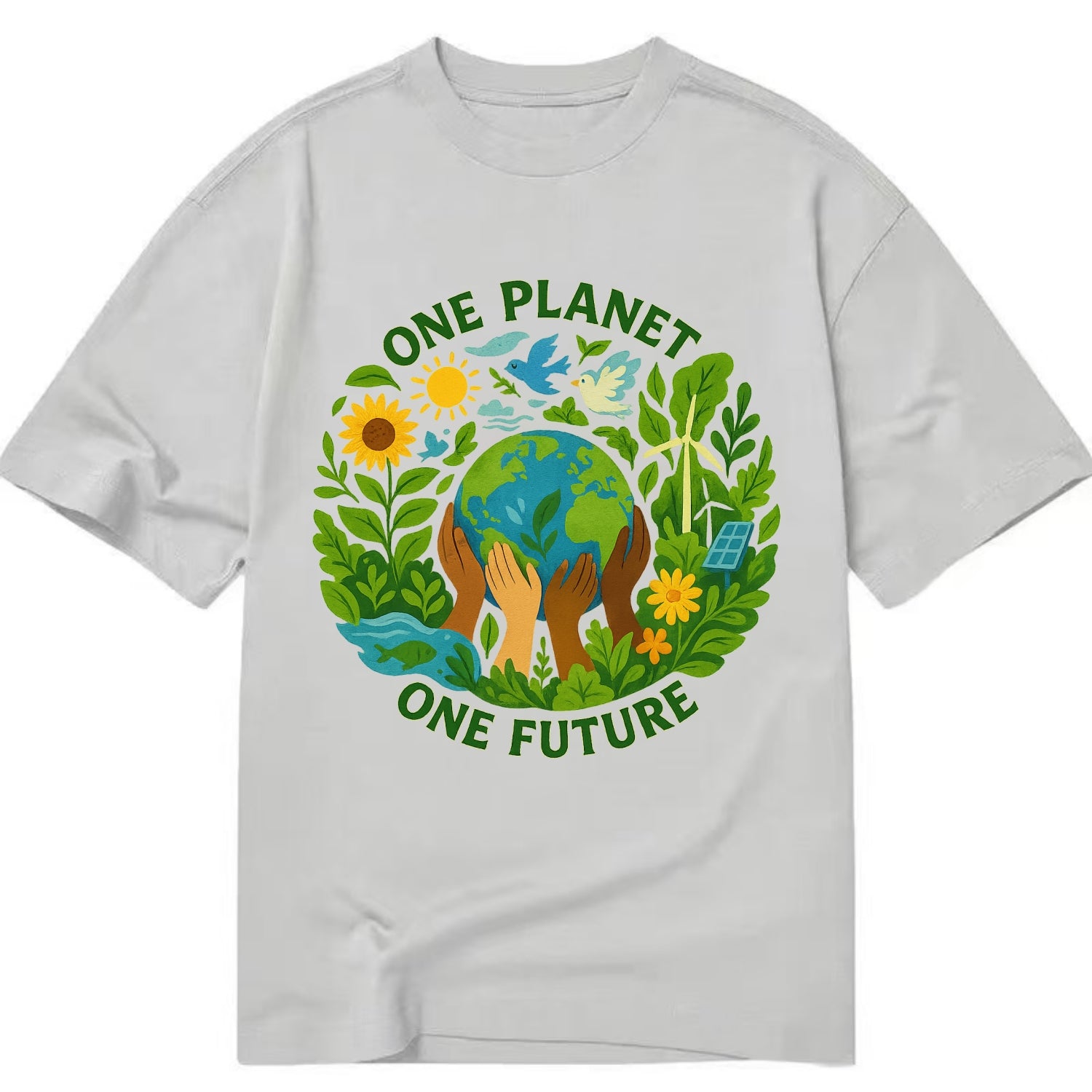 Globe surrounded by hands of all colors working together - "One Planet, One - Classic T-shirt - Grey