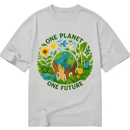 Globe surrounded by hands of all colors working together - "One Planet, One - Classic T-shirt - Grey