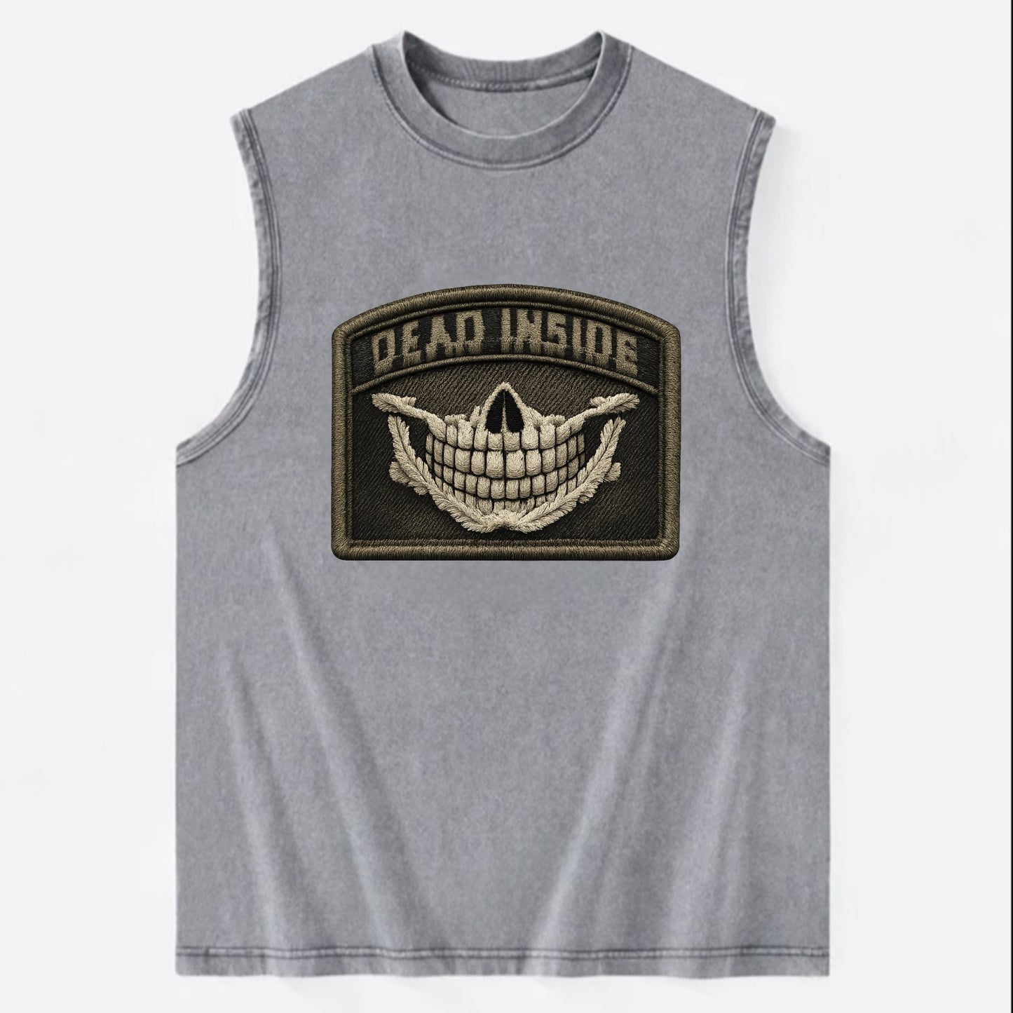 DEAD INSIDE SMILE - skeleton smile in white , dark humor - Vintage Washed Tank - Grey