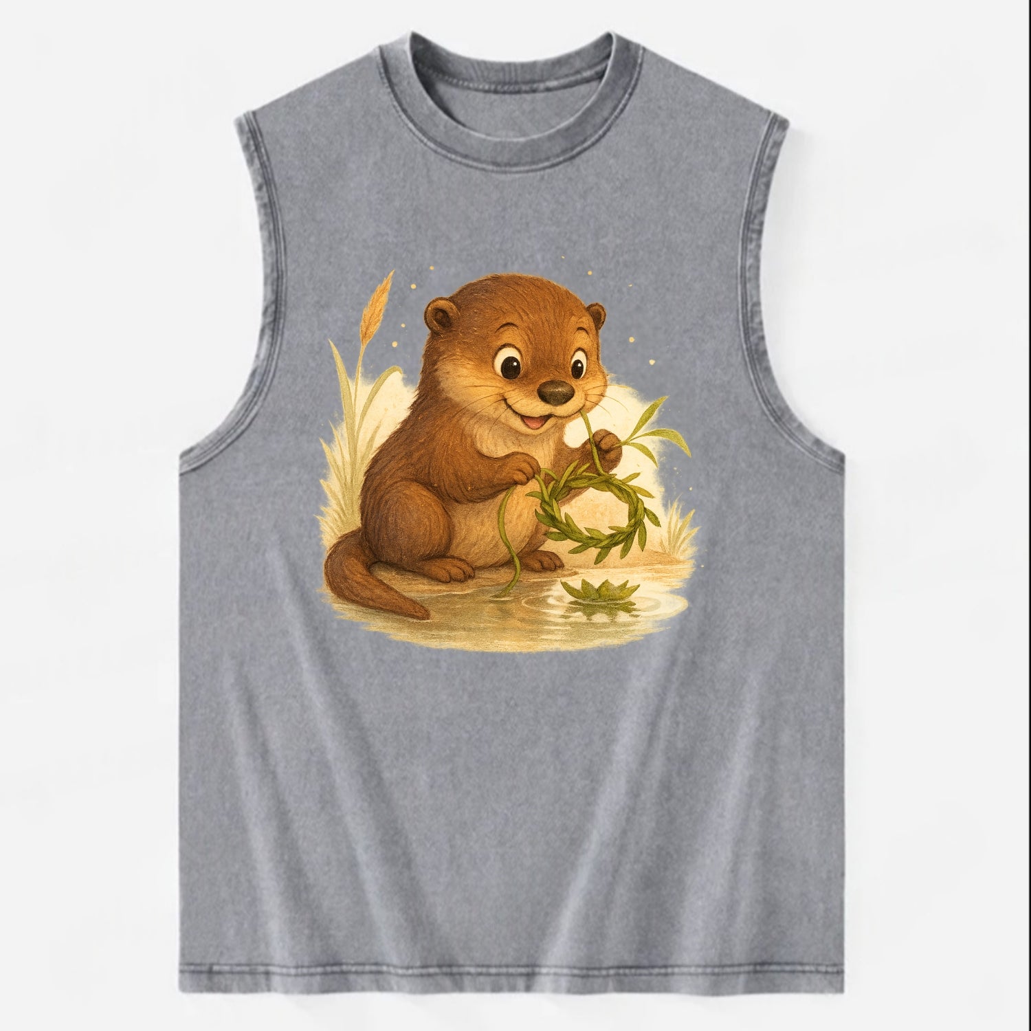Otter weaving river reeds into a floating crown beside mirror-still water - Vintage Washed Tank - Grey