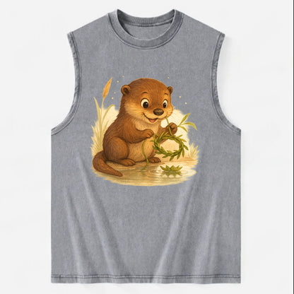 Otter weaving river reeds into a floating crown beside mirror-still water - Vintage Washed Tank - Grey