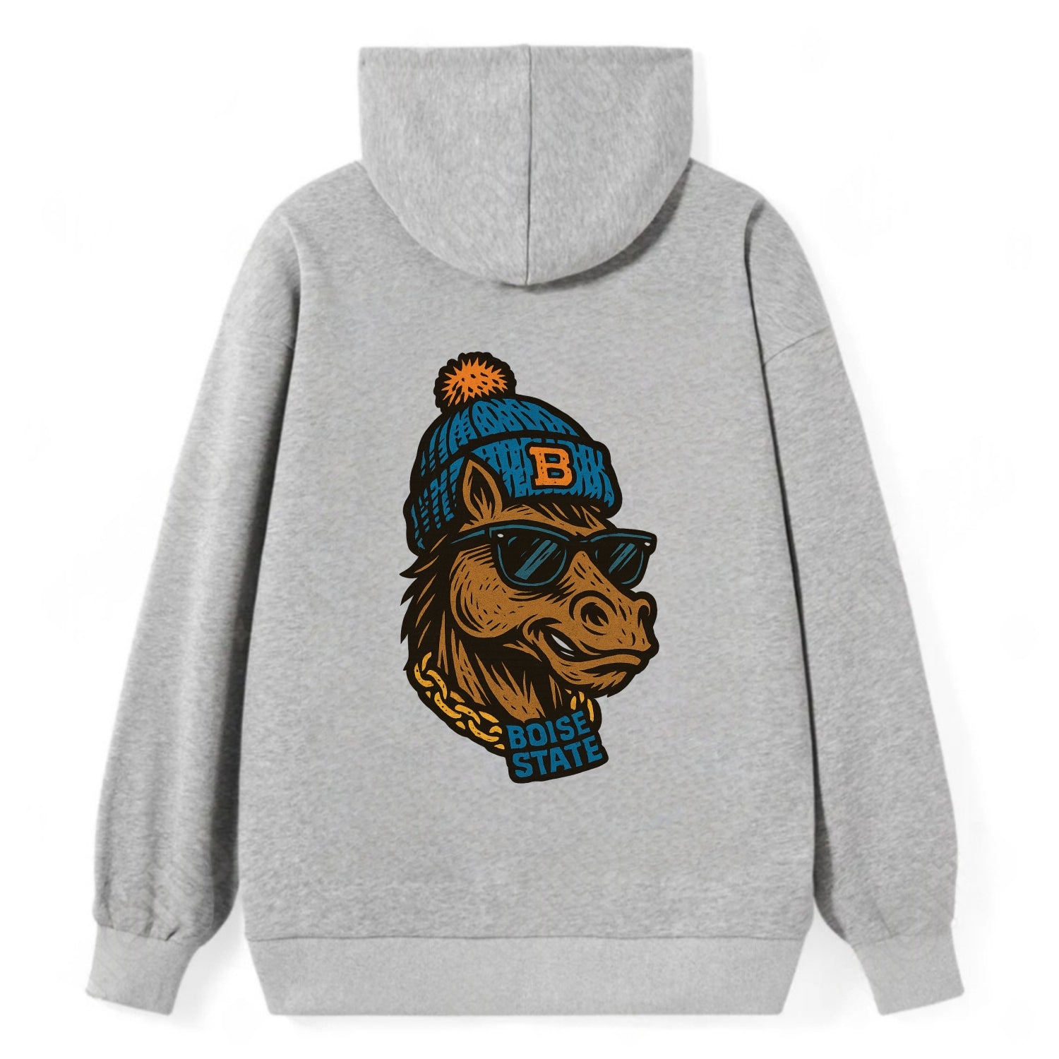 Boise Bronco wearing Boise State beanie with B patch - Classic Pullover Hoodie - Grey