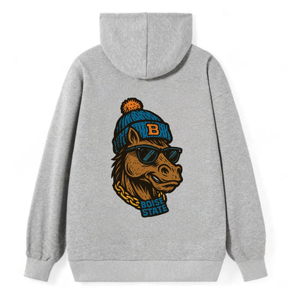 Boise Bronco wearing Boise State beanie with B patch - Classic Pullover Hoodie - Grey