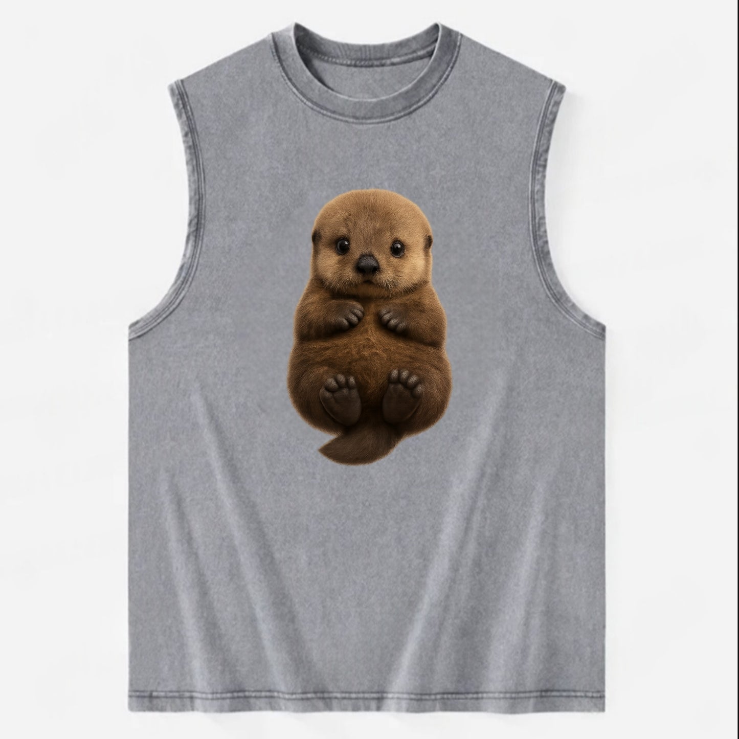 Baby Sea Otter - brown fluffy, floating on back, tiny paws, bright eyes, - Vintage Washed Tank - Grey