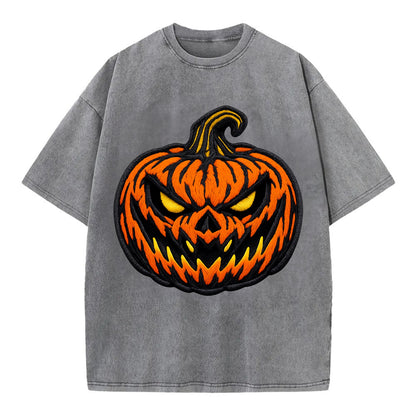 HALLOWEEN PUMPKIN - jack o lantern in orange and black , spooky - Vintage T-shirt - Grey