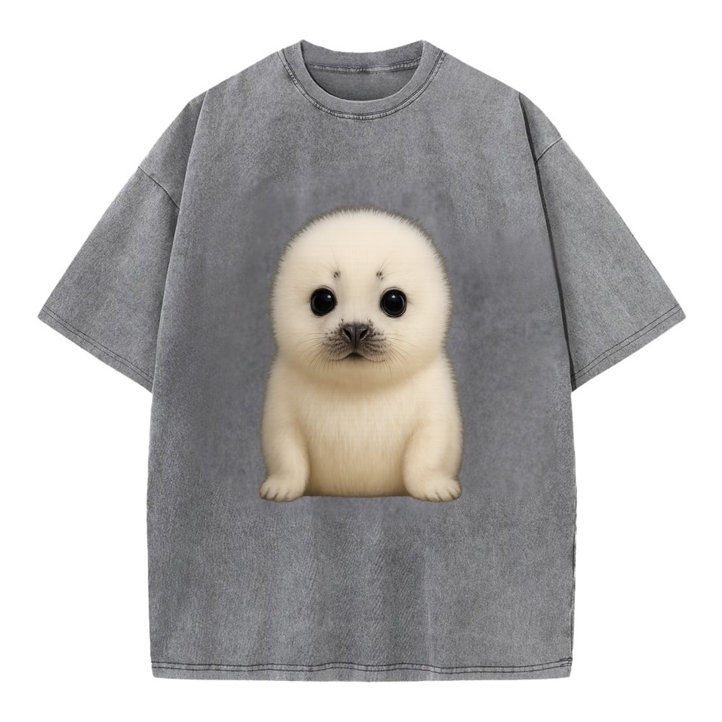 Baby Harp Seal - pure white fluffy fur, enormous dark eyes, front-facing, iconic - Vintage T-shirt - Grey
