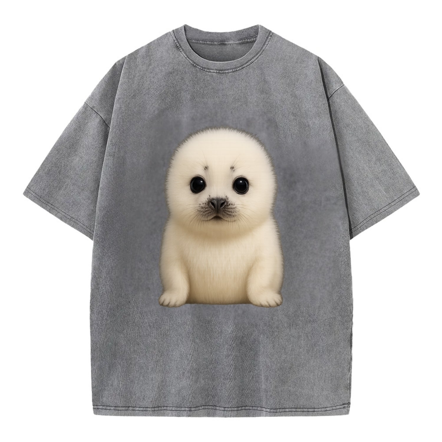 Baby Harp Seal - pure white fluffy fur, enormous dark eyes, front-facing, iconic - Vintage T-shirt - Grey