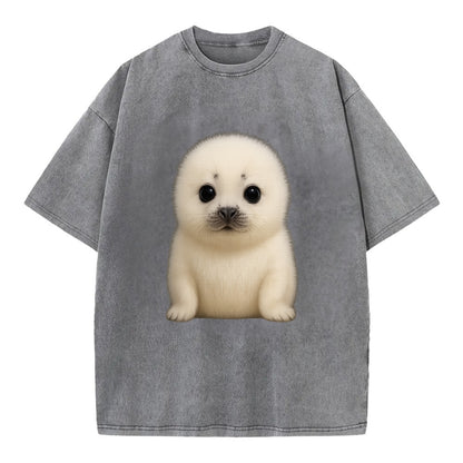 Baby Harp Seal - pure white fluffy fur, enormous dark eyes, front-facing, iconic - Vintage T-shirt - Grey