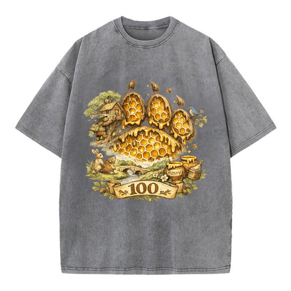 HONEY PAW | Bear paw print filled with honeycomb | Sticky evidence | Forest - Vintage T-shirt - Grey