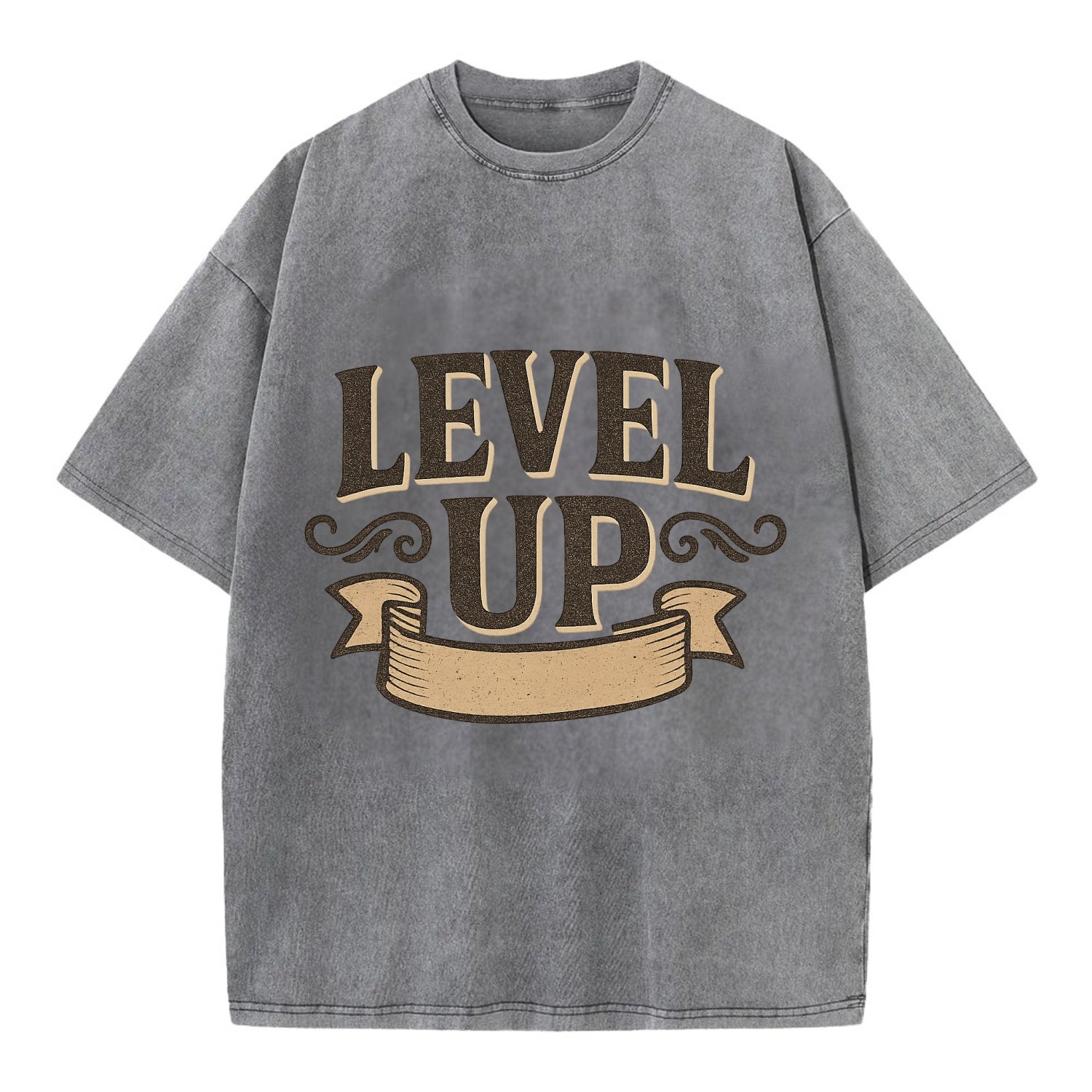 Bold typography design - "LEVEL UP" - improving, advancing, growing - Vintage T-shirt - Grey