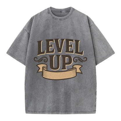 Bold typography design - "LEVEL UP" - improving, advancing, growing - Vintage T-shirt - Grey