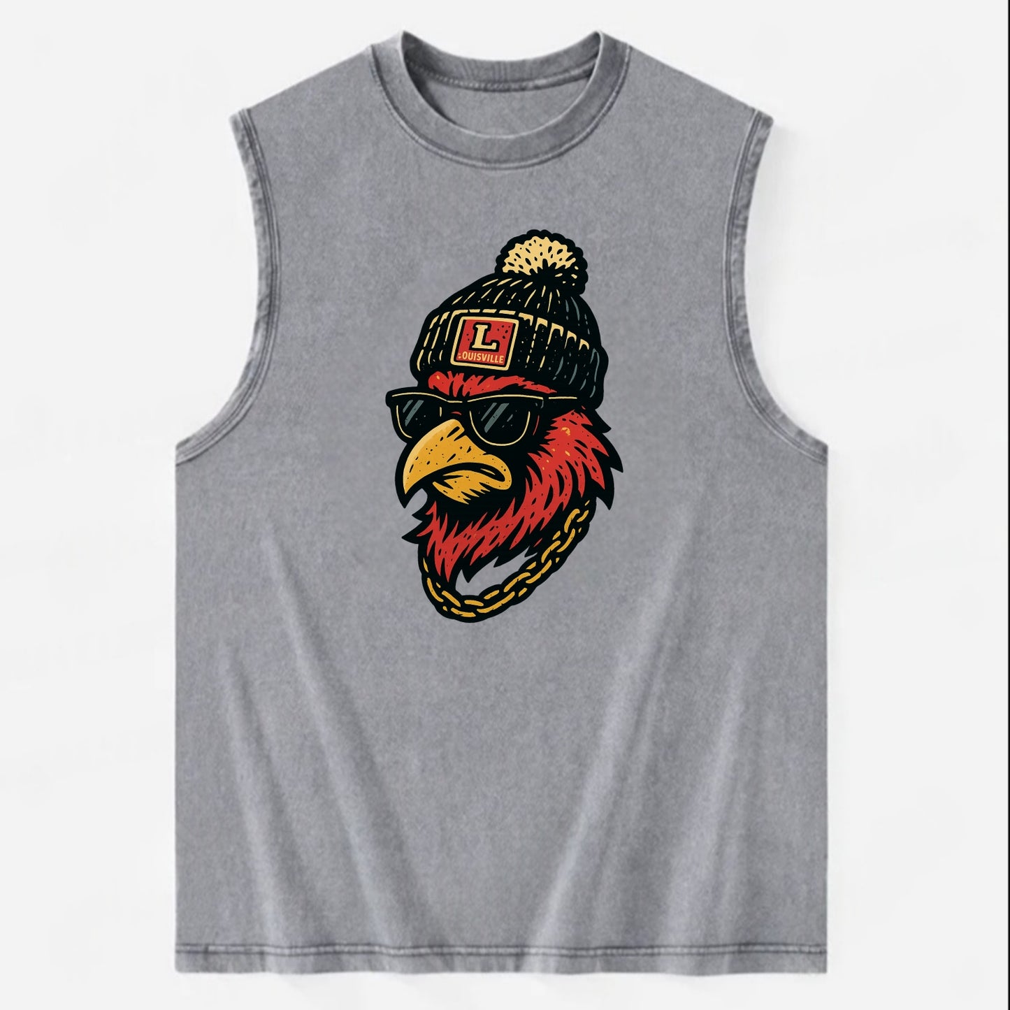 Louisville Cardinal wearing Louisville beanie with L patch - Vintage Washed Tank - Grey