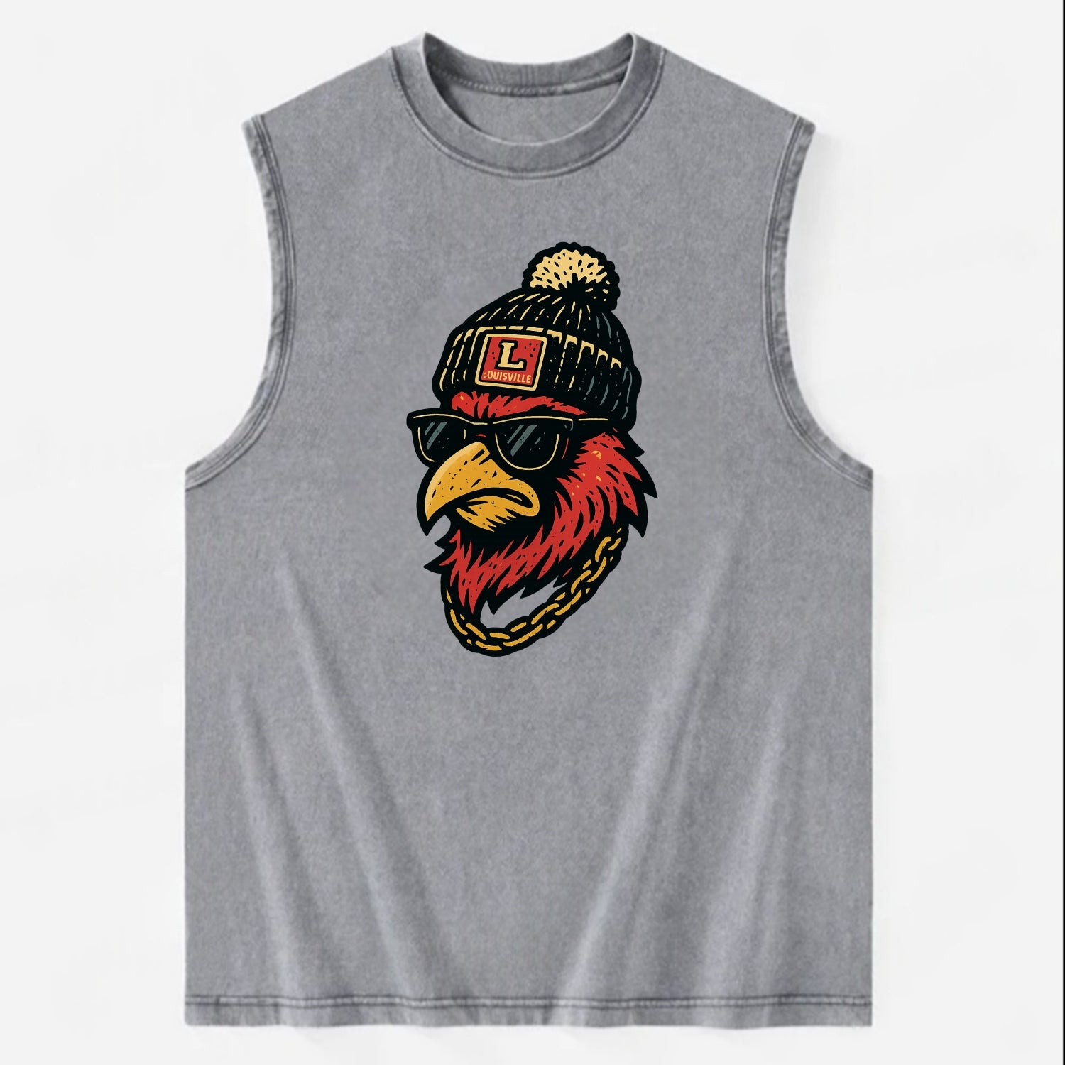 Louisville Cardinal wearing Louisville beanie with L patch - Vintage Washed Tank - Grey