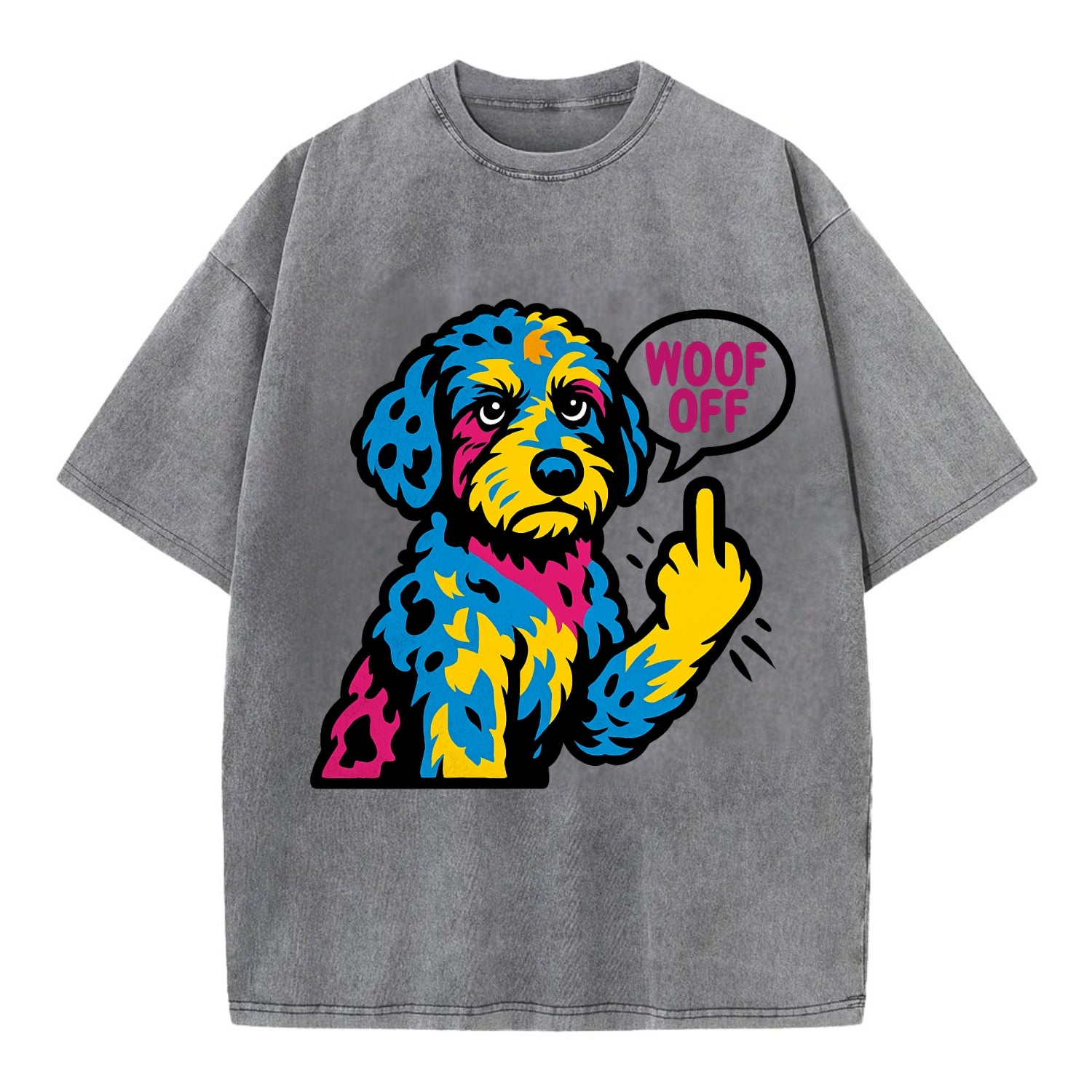 Aussiedoodle with merle patches and curly coat, playful smart paw raised - Vintage T-shirt - Grey